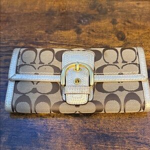 Coach Brown and Tan Signature Wallet with Gold Buckle